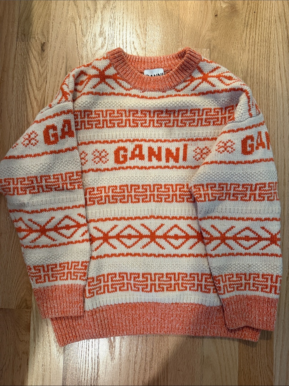 Ganni Orange and Cream Patterned Crewneck Sweater